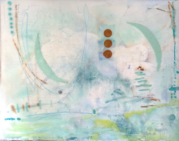 Abstract , mixed media encaustic, high key palette with collage 