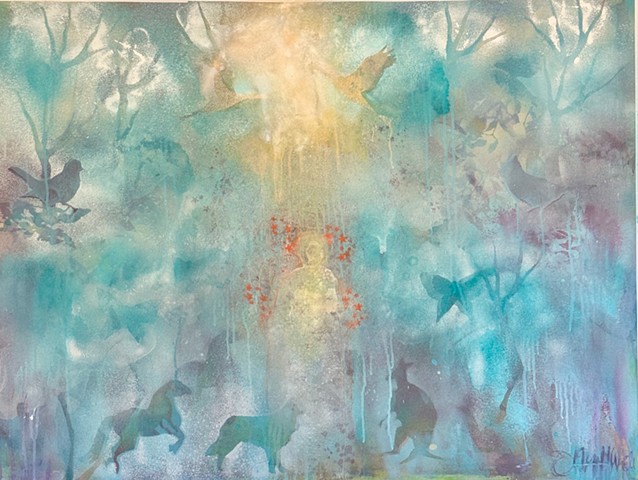 vibrant color, atmospheric space, hidden symbols