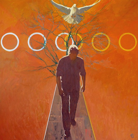 oil and mixed media on canvas by Raleigh, North Carolina artist Richard Garrison with figure, bird, and tree