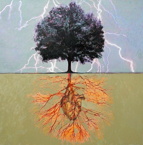oil, collage, and photo transfer print of tree on canvas by Raleigh, North Carolina painter/artist Richard Garrison