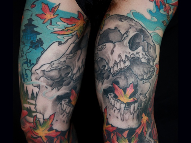 black and grey skull maple leaves pagoda tattoo by Danny Gordey Ink Machine Edmonton Canada