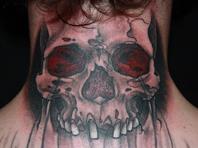 black and grey skull neck tattoo by Danny Gordey Ink Machine Edmonton Canada