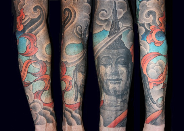 black and grey buddha statue potrait clouds and ribbon tattoo by Danny Gordey Ink Machine Edmonton Canada