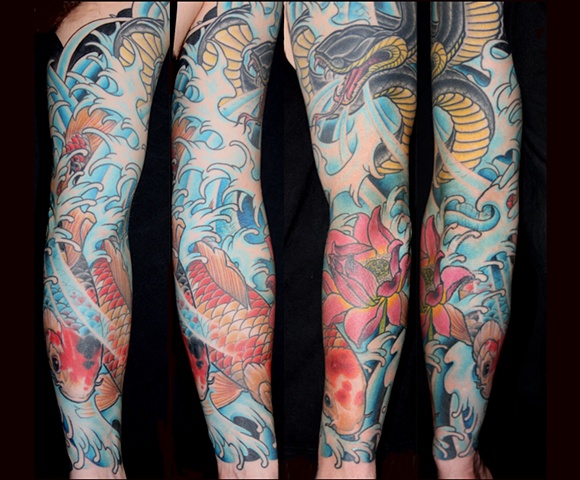 new school japanese koi water lotus sleeve tattoo by Danny Gordey Ink Machine Edmonton Canada