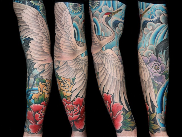 traditional japanese crane peonies water sleeve tattoo by Danny Gordey Ink Machine Edmonton Canada
