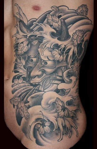 japanese Hannya mask water rib panel tattoo by Danny Gordey Ink Machine Edmonton Canada