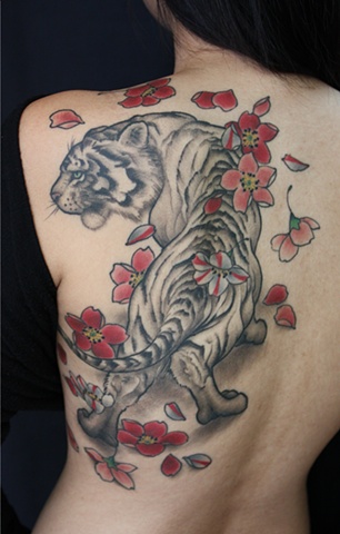 black and grey tiger cherry blossoms tattoo by Danny Gordey Ink Machine Edmonton Canada