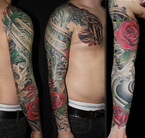tiger black and grey water roses bamboo sleeve chest tattoo by Danny Gordey Ink Machine Edmonton Canada
