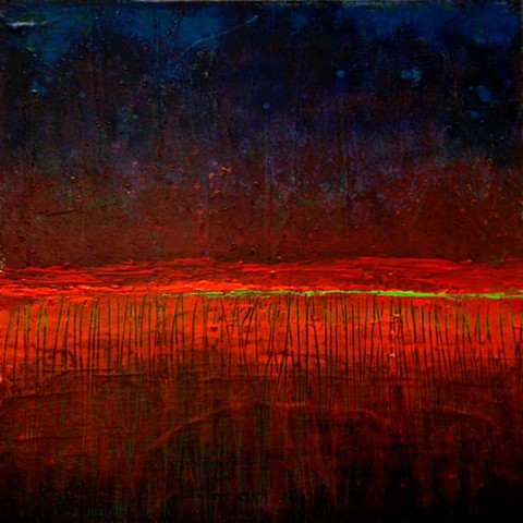 Karen Banker's blue, orange, sunset, trees painting entitled "Night Blaze"
