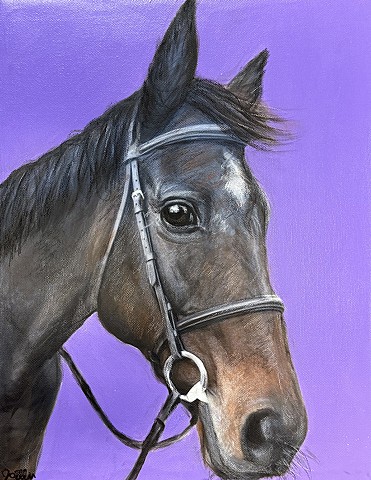 Hand painted horse portrait with bridle on purple background, realistic custom equine artwork by Ohio pet portrait painter.