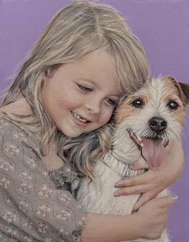 Child hugging small terrier mix dog, custom family and pet portrait painting on purple background by Ohio artist.