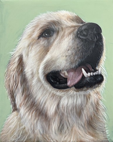 Golden Retriever custom pet portrait painting with soft green background, realistic dog artwork on canvas.