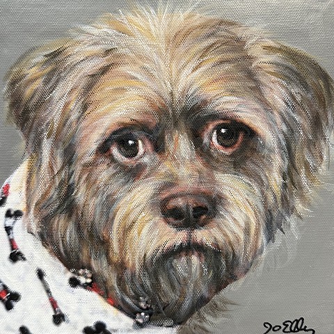 Realistic Yorkshire Terrier dog portrait painting on canvas, detailed custom pet artwork with soft neutral background, Cleveland Ohio pet portrait commission.