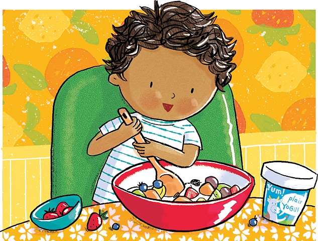 Violet Lemay, children's book illustrator, kidlitart, fruit salad, illustrated recipe, diversity, Latin baby, kids cooking