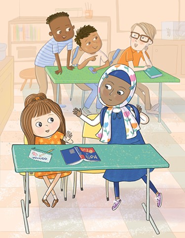 Violet Lemay, children's book illustrator, picture book illustrator, diverse books, diversity, Muslim girl, hijab, classroom, first day of school, elementary school, adorable kids, cute illustration
