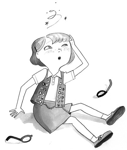 tween girl, girl scout, cute girl illustration, black and white illustration