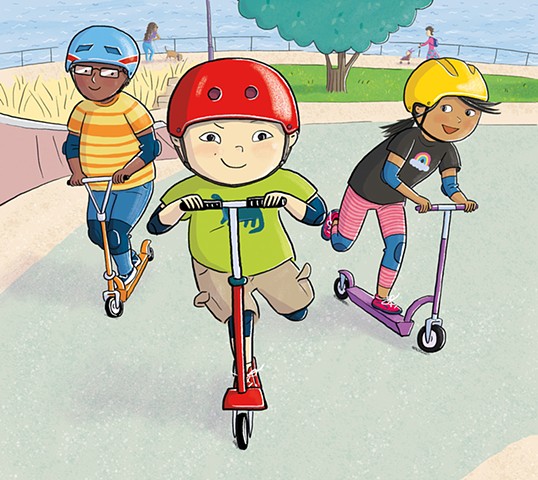 Violet Lemay, children's book illustrator, picture book illustrator, scooter, skate park