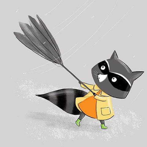 Violet Lemay, children's book illustrator, picture book illustration, raccoon, character design, weather, umbrella 