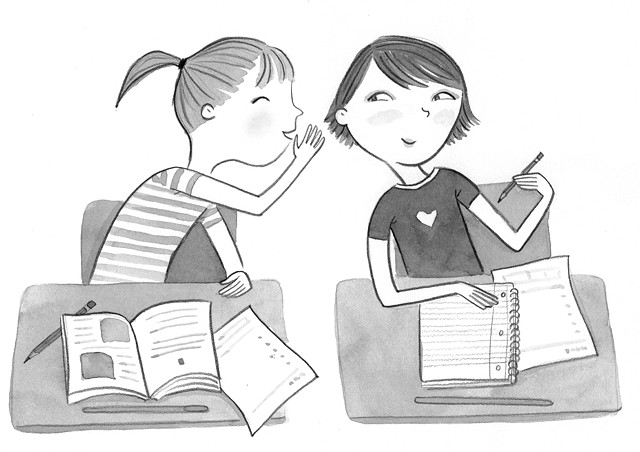 tween girls, friendship, secret, classroom illustration, girl at desk, black and white illustration