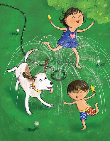 Violet Lemay, children's book illustrator, children's book illustration, kidlitart, picture book illustrator, picture book, sprinkler, summer fun, popsicles, dog