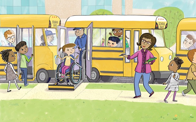 Violet Lemay, Yes I Can, wheelchair, Magination Press, spina bifida, disablilty, strong kids, strong girl, illustration, kidlit, bus lift, bus elevator, schoolbus, elementary school, teacher