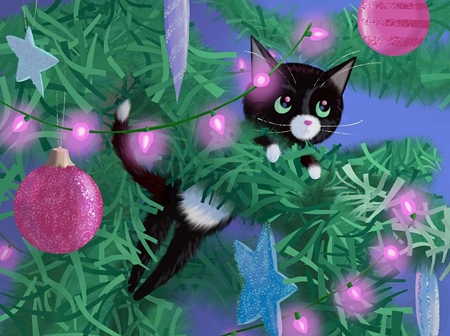 Violet Lemay, illustration, illustrator, Christmas tree, Christmas lights, kitten in the Christmas tree