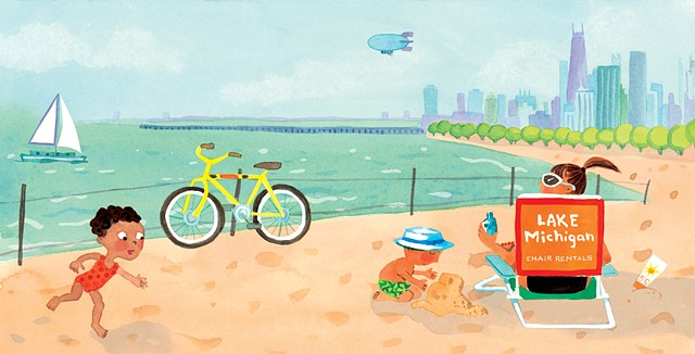 Lake Michigan, Chicago skyline, Chicago beach, city art, city illustration, beach babies