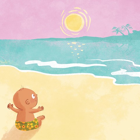 Violet Lemay, children's book illustrator, beach babies, kidlitartist, adorable illustration, dorable baby, beach sunset