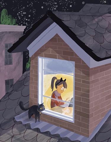 Violet Lemay, children's book author, children's book illustrator, writer, skyline, black cat
