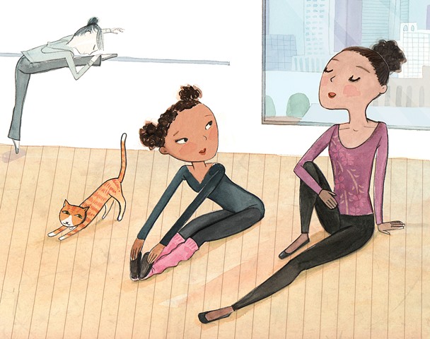 ballet, dancer, tween girl, cat stretching, stretch, urban, city illustration, loft, watercolor