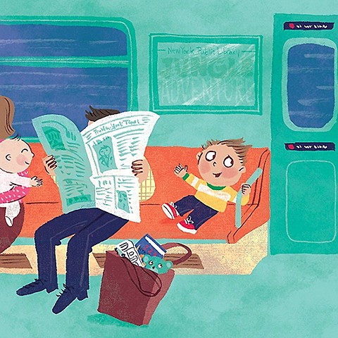 New York Subway, newspaper, commute, commuters, baby, children, children's book illustration, picture book