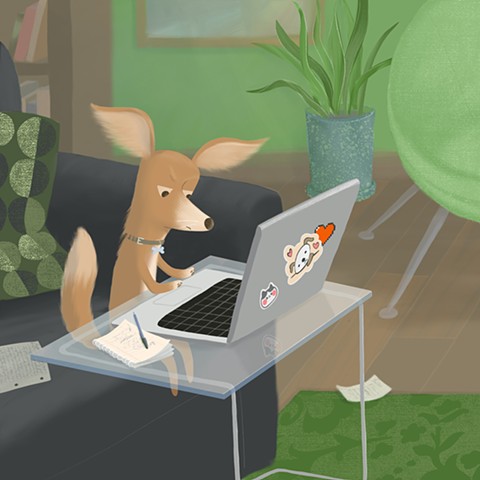 Violet Lemay, illustration, illustrator, kidlit art, picture book artist, cute illustration, dog, dog typing on computer