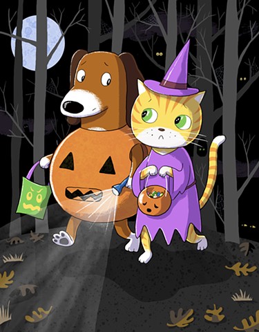 Violet Lemay, picture book illustrator, children's book illustrator, Halloween, dog and cat, jack-o-lantern, cute scary, walking in the woods, cat in costume, dog in costume