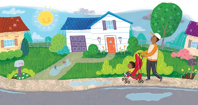 Violet Lemay, children's book illustrator, spring, rain, African-American dad, African-American baby