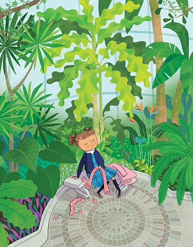 Violet Lemay, children's book illustrator, kidlitart, middlegrade artist, vintage-looking illustration, greenhouse, plants, herbarium