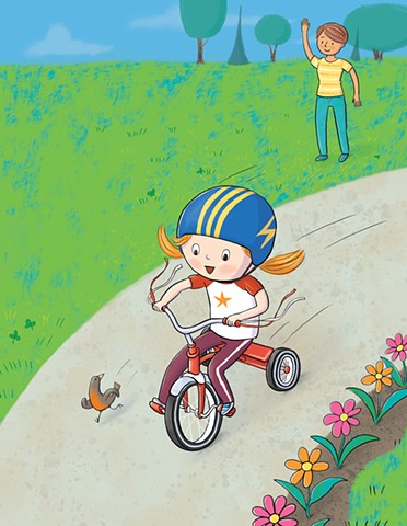 Violet Lemay, children's book illustrator, children's book illustration, tricycle, girl riding bike, adorable illustration, cute illustration, bird, kidlit, kidlitart
