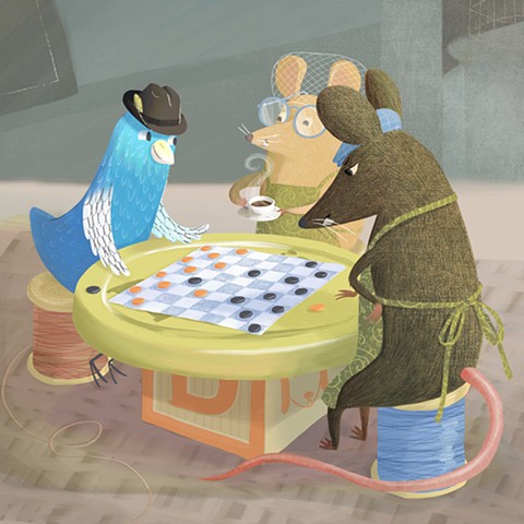 Violet Lemay, picture book illustration, picture book illustrator, animals playing checkers