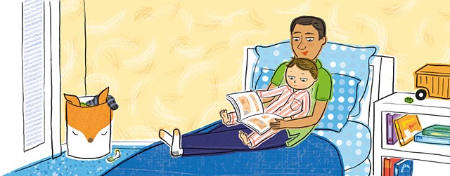 Violet Lemay, children's book illustration, kidlitart, scbwi, bedtime, reading, father and son, children's book illustrator, Friends Magazine