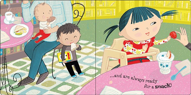Violet Lemay, bookstore, book, kid lit, illustration, baby, babies, cool dad, books for baby, bookstore cafe, cafe, chocolate cake, strawberry, asian baby