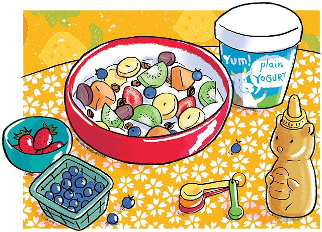 Violet Lemay, children's book illustrator, kidlitart, fruit salad, illustrated recipe, ingredients, food illustration