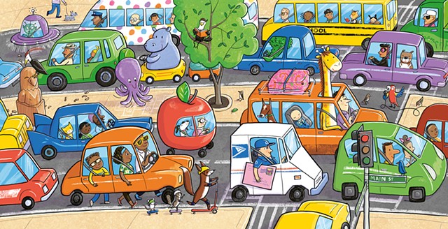 Violet Lemay, children's book illustrator, children's book illustration, kidlitart, funny illustration, cars, city, traffic jam, mail truck, giraffe