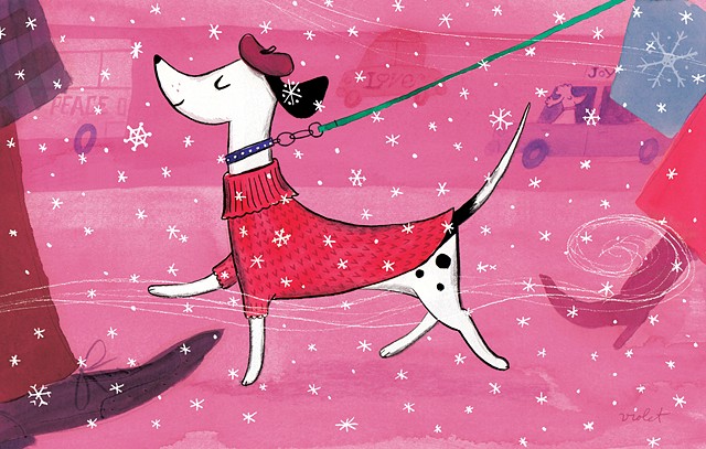 terrier, stylish dog, dalmatian, sweater for dog, walking dog, girly dog, stylish dog, watercolor, street scene, shopping, holiday shoppers, snow, snowflakes, city shopping, NYC holiday