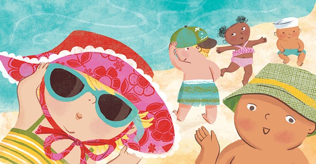 Violet Lemay, children's book illustrator, beach babies, kidlitartist, adorable illustration, baby bathing suits