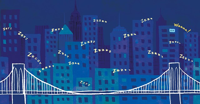 New York Skyline, sleepy city, Brooklyn Bridge, New York Baby, Duopress, children's book illustration