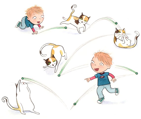 little boy, boy playing with cat, frisky cat, cat chasing ball, whimsical illustration
