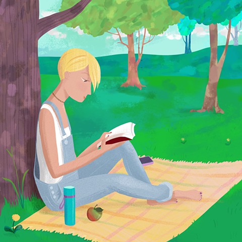 Violet Lemay, illustration, YA illustration, teen in park, teen reading, kid litart, illustration