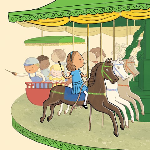 Violet Lemay, children's book illustrator, children's book illustration, picture book, carousel, Paris, carousel in Paris, brass ring, girl on carousel