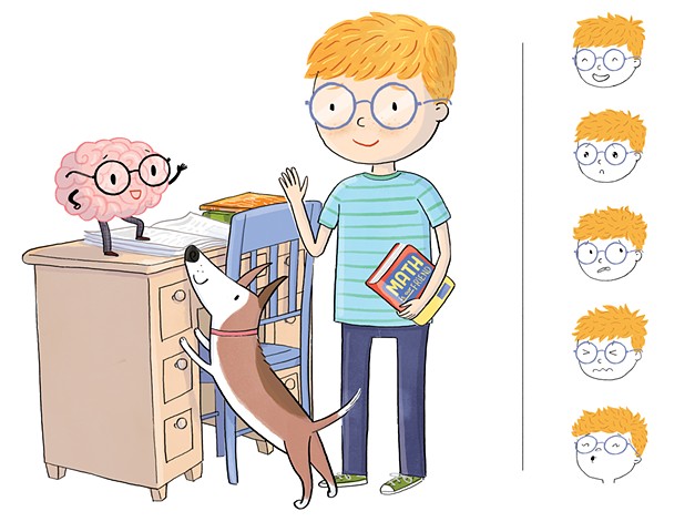 Violet Lemay, children's book illustrator, chapter book illustrator, cute kid, kid with glasses, brain, math, math kid, character design