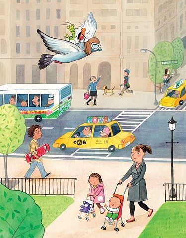 NYC, upper west side, Riverside Drive, New York, city art, city illustration, bus, taxi, Riverside Park, pigeon, children's book illustration, Violet Lemay, New York illustration