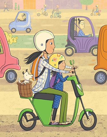 Violet Lemay, illustration, picture book artist, picture book, children's book illustrator, China, scooter, tiny car, electric car, contemporary children's book illustration